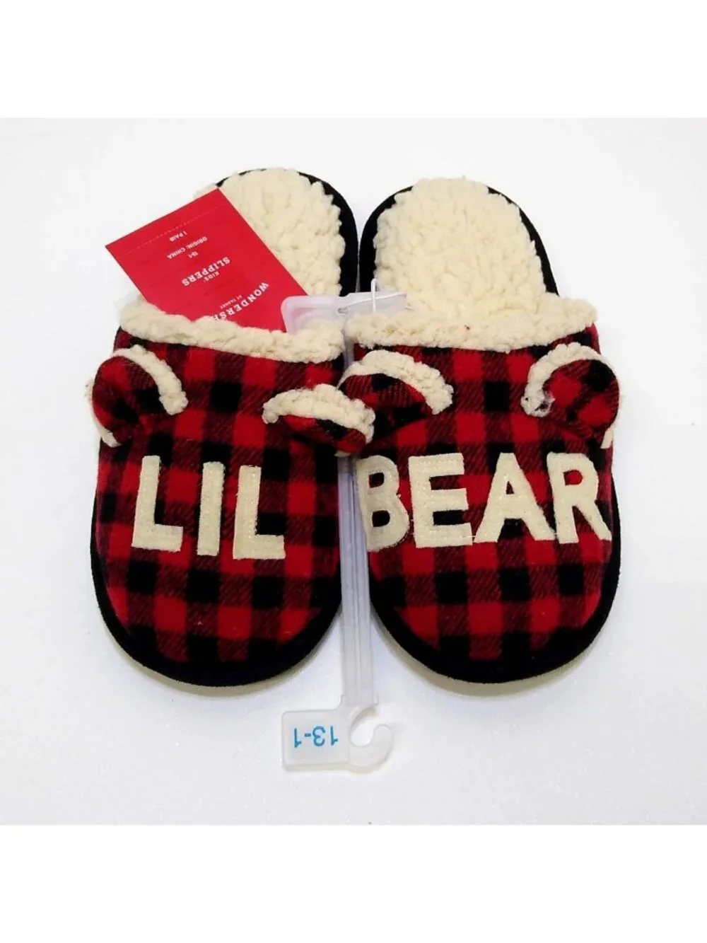 Wondershop Kids Lil Bear Slippers Size 13-1 Red & Black Plaid Faux Fur Lining